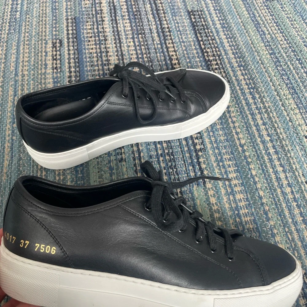 Woman by Common Projects Tournament Low Top Sneakers Black Leather Size 7.5